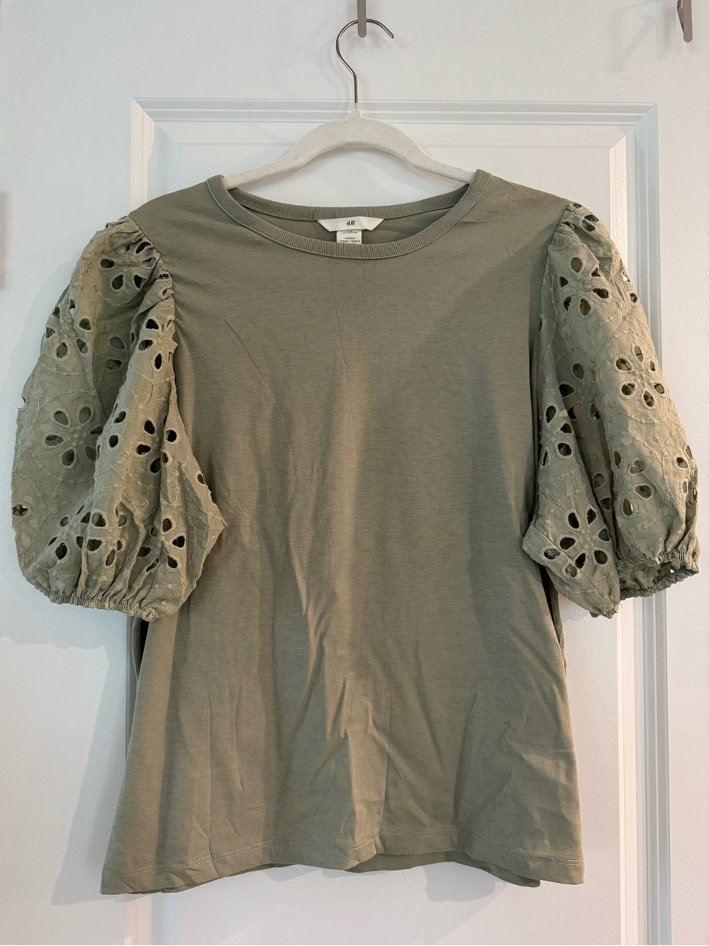 H&M Olive Puff-Sleeve Eyelet Tee